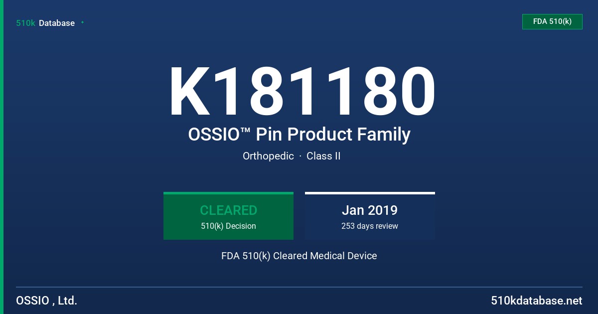 K181180 OSSIO™ Pin Product Family FDA 510(k) Cleared Medical Device
