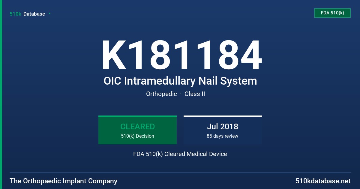 K181184 OIC Intramedullary Nail System FDA 510(k) Cleared Medical Device