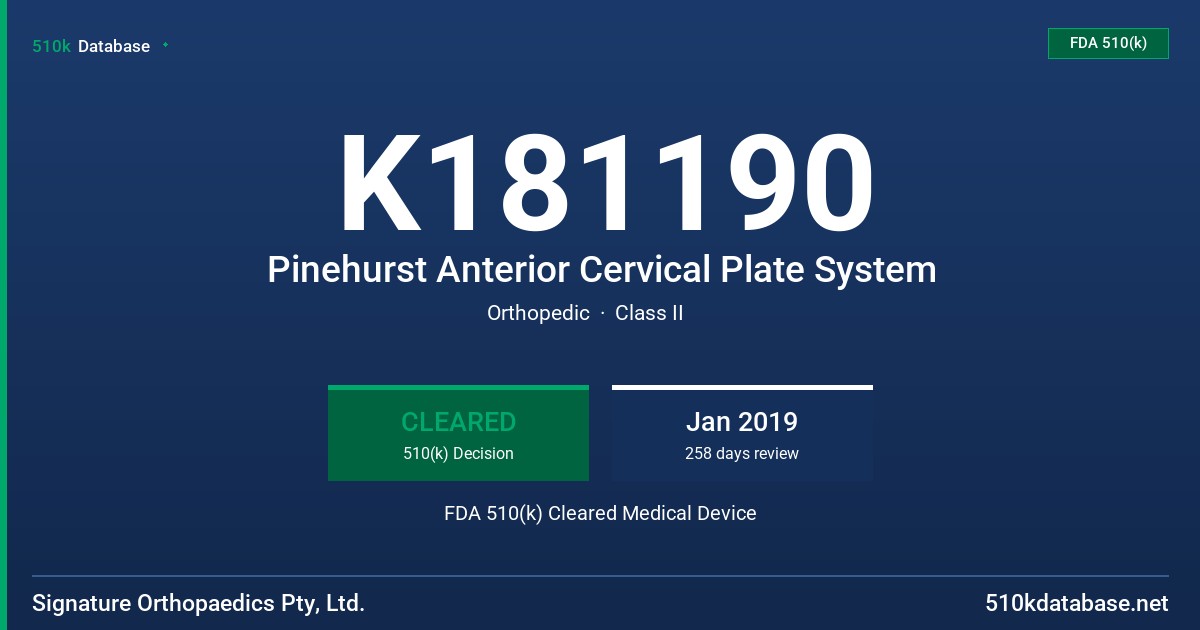 K181190 Pinehurst Anterior Cervical Plate System FDA 510(k) Cleared Medical Device