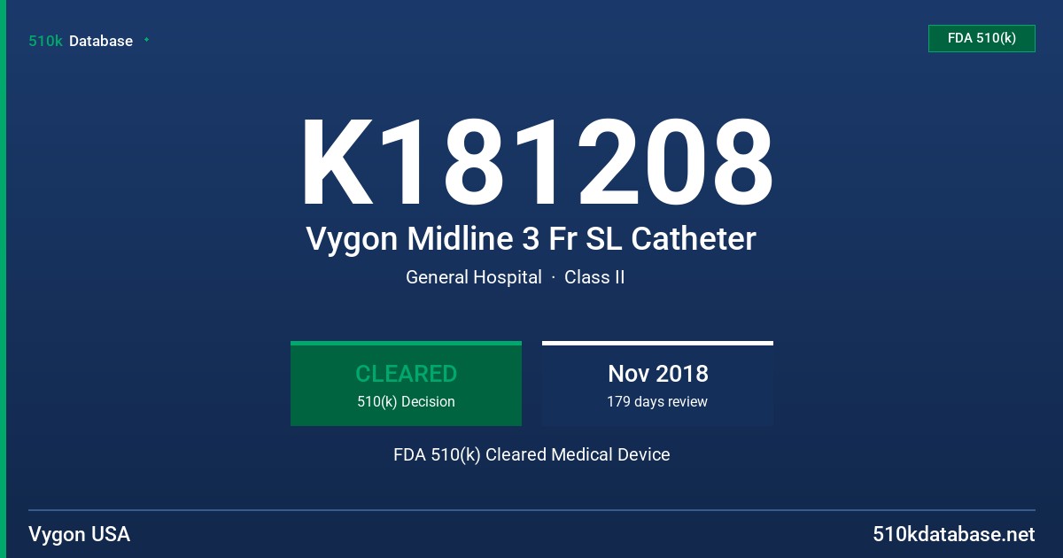 K181208 Vygon Midline 3 Fr SL Catheter FDA 510(k) Cleared Medical Device