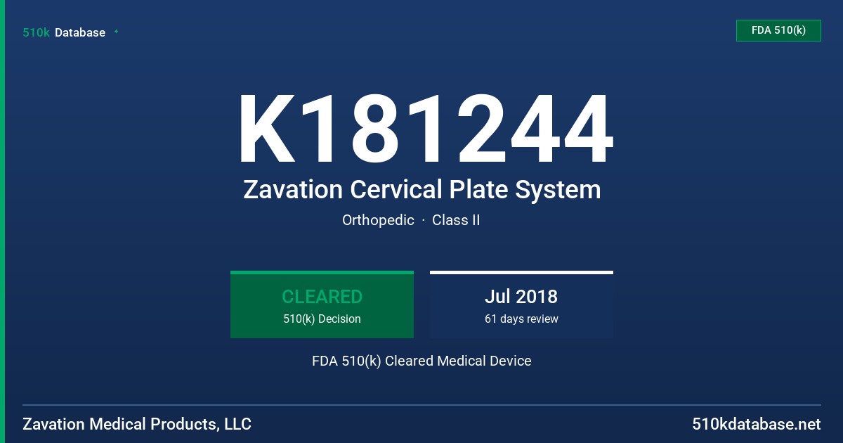 K181244 Zavation Cervical Plate System FDA 510(k) Cleared Medical Device