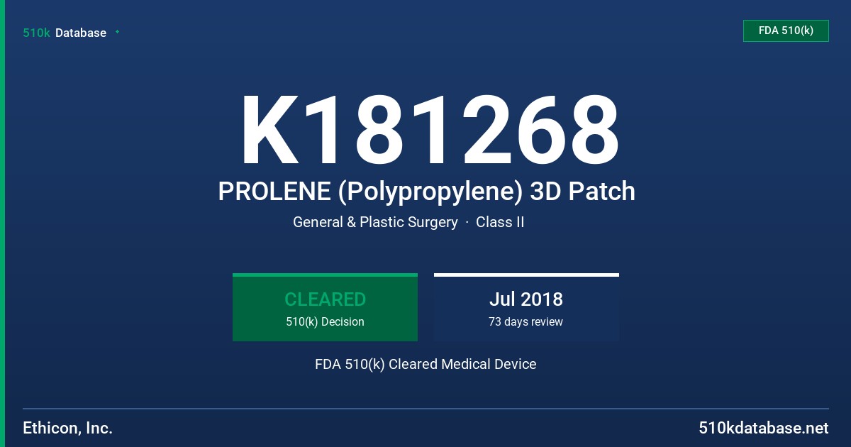 K181268 PROLENE (Polypropylene) 3D Patch FDA 510(k) Cleared Medical Device