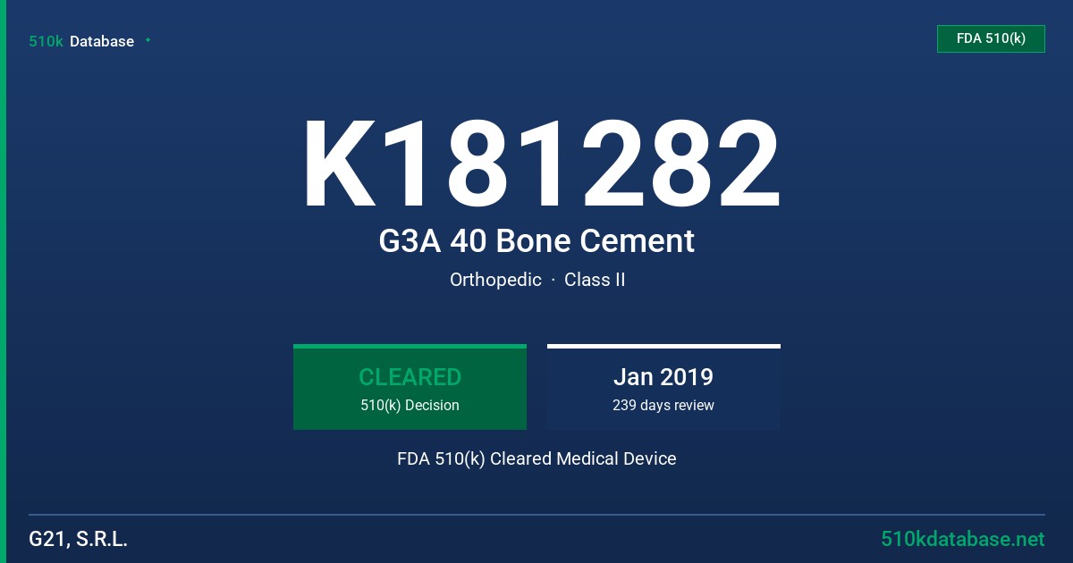 K181282 G3A 40 Bone Cement FDA 510(k) Cleared Medical Device