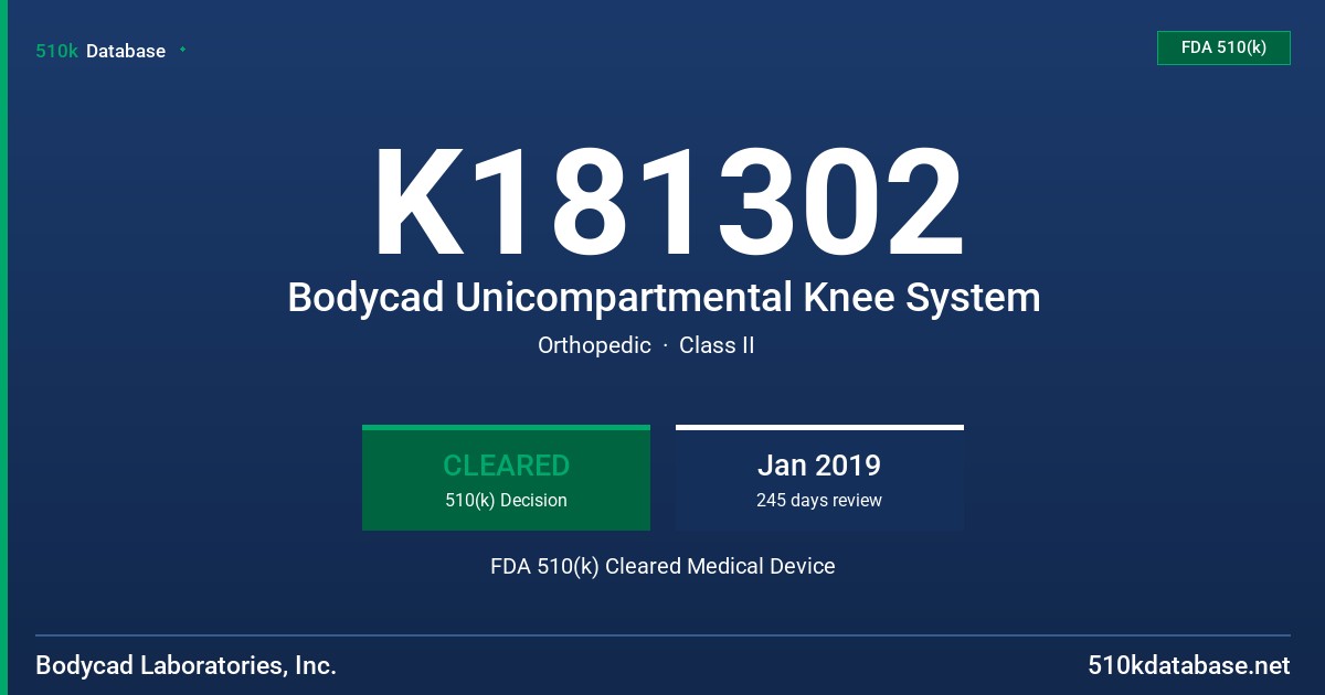 K181302 Bodycad Unicompartmental Knee System FDA 510(k) Cleared Medical Device