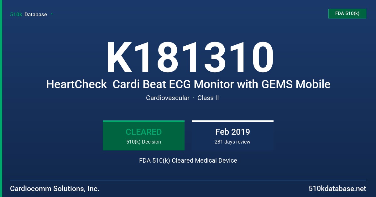 K181310 HeartCheck  Cardi Beat ECG Monitor with GEMS Mobile FDA 510(k) Cleared Medical Device