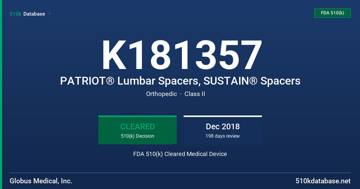 K181357 PATRIOT® Lumbar Spacers, SUSTAIN® Spacers FDA 510(k) Cleared Medical Device