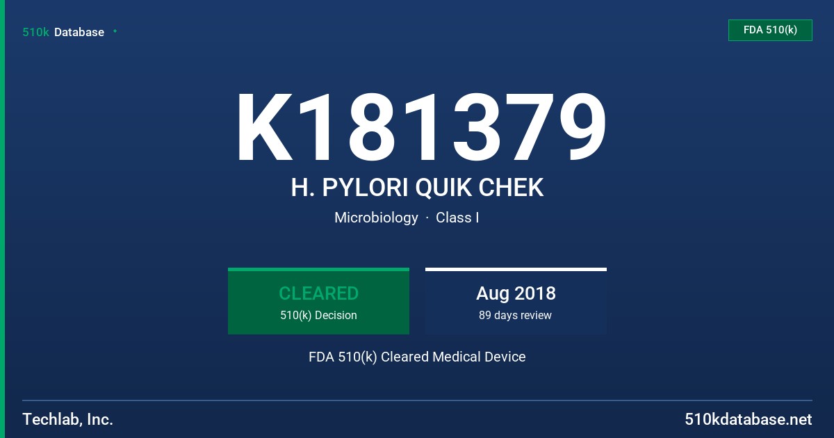 K181379 H. PYLORI QUIK CHEK FDA 510(k) Cleared Medical Device
