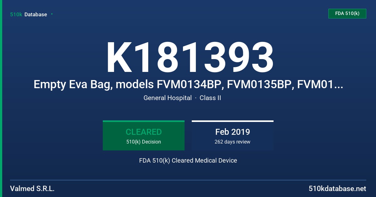 K181393 Empty Eva Bag, models FVM0134BP, FVM0135BP, FVM0136BP, FVM0137BP, FVM0138BP, FVM0139BP, FVM0140BP, FVM0141BP FDA 510(k) Cleared Medical Device