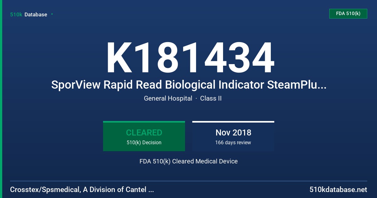 K181434 SporView Rapid Read Biological Indicator SteamPlus Test Pack FDA 510(k) Cleared Medical Device