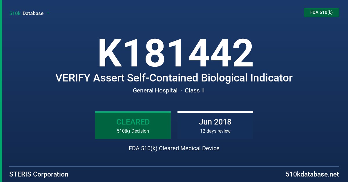 K181442 VERIFY Assert Self-Contained Biological Indicator FDA 510(k) Cleared Medical Device