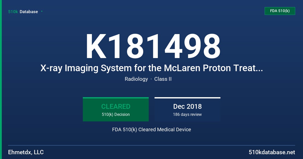 K181498 X-ray Imaging System for the McLaren Proton Treatment System FDA 510(k) Cleared Medical Device