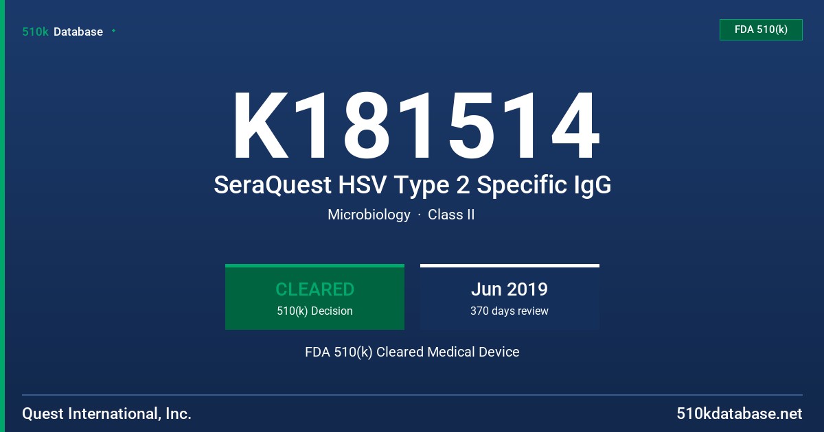 K181514 SeraQuest HSV Type 2 Specific IgG FDA 510(k) Cleared Medical Device