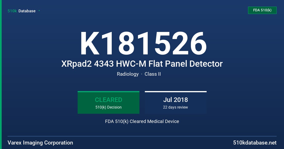 K181526 XRpad2 4343 HWC-M Flat Panel Detector FDA 510(k) Cleared Medical Device