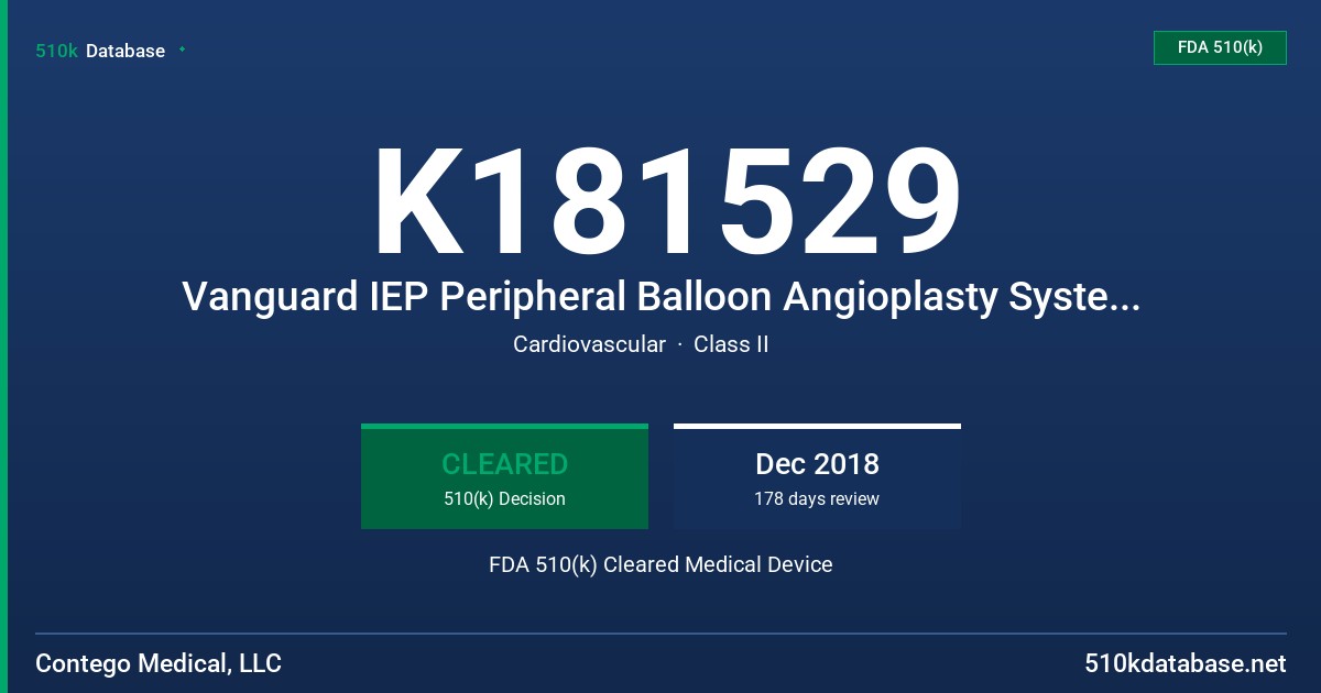 K181529 Vanguard IEP Peripheral Balloon Angioplasty System with Integrated Embolic Protection FDA 510(k) Cleared Medical Device
