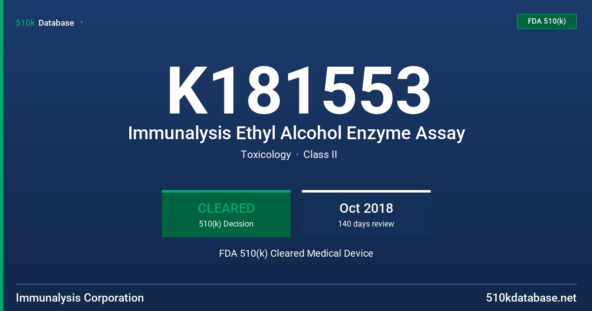 K181553 Immunalysis Ethyl Alcohol Enzyme Assay FDA 510(k) Cleared Medical Device