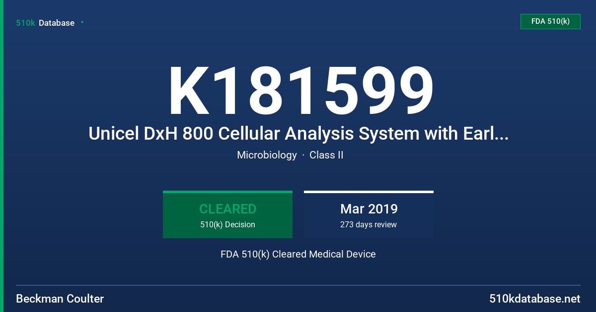 K181599 Unicel DxH 800 Cellular Analysis System with Early Sepsis Indicator Application FDA 510(k) Cleared Medical Device