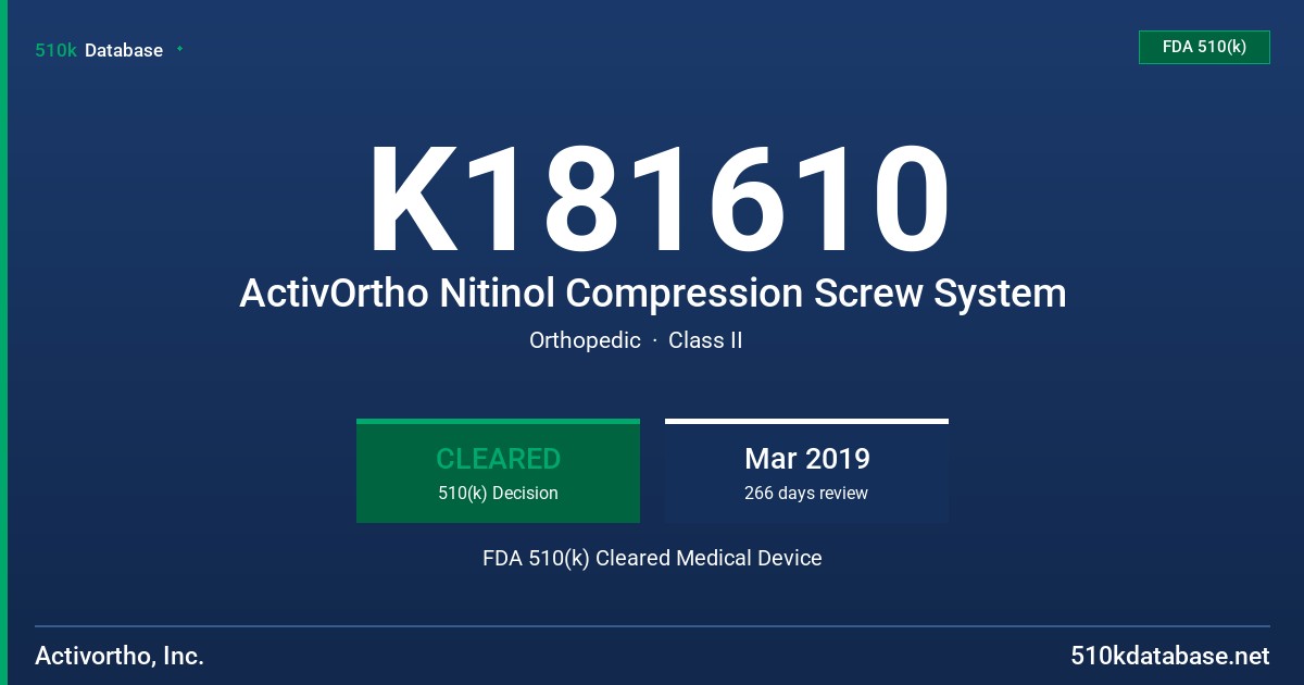 K181610 ActivOrtho Nitinol Compression Screw System FDA 510(k) Cleared Medical Device