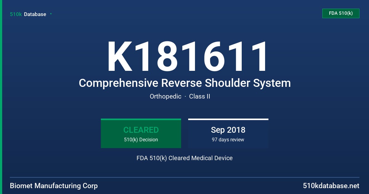 K181611 Comprehensive Reverse Shoulder System FDA 510(k) Cleared Medical Device