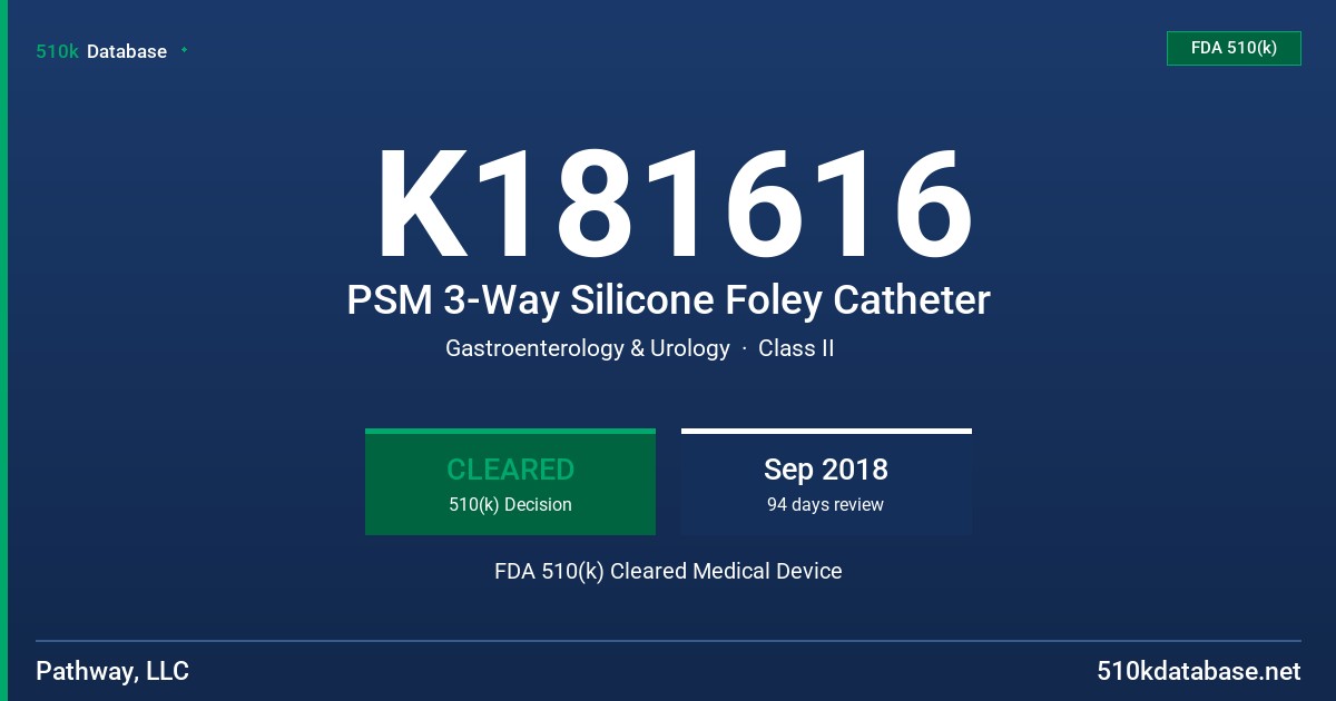 K181616 PSM 3-Way Silicone Foley Catheter FDA 510(k) Cleared Medical Device
