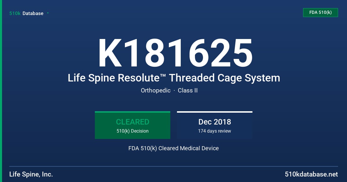 K181625 Life Spine Resolute™ Threaded Cage System FDA 510(k) Cleared Medical Device