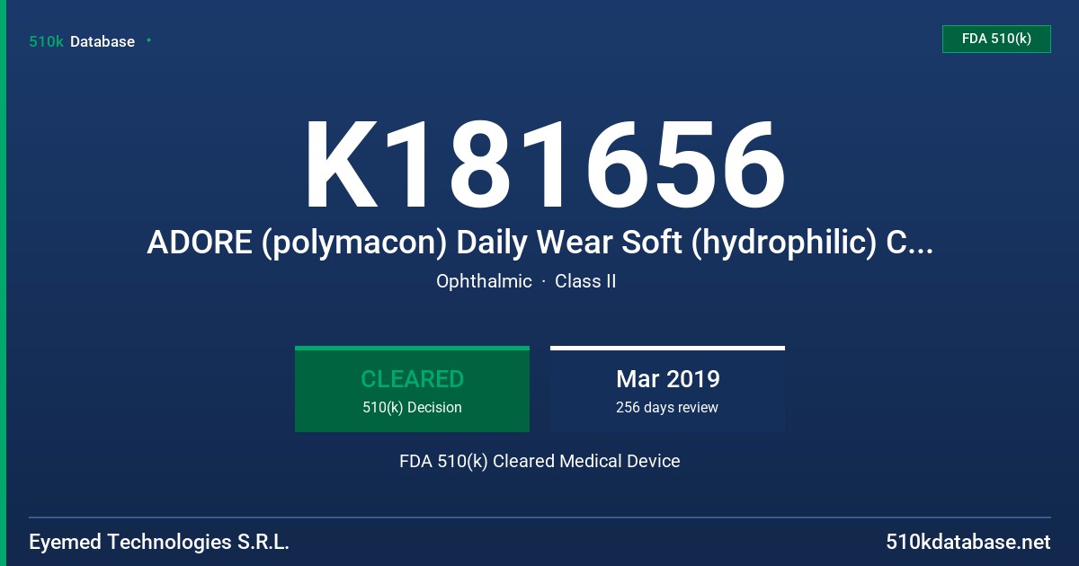 K181656 ADORE (polymacon) Daily Wear Soft (hydrophilic) Contact Lenses (Tinted/color) FDA 510(k) Cleared Medical Device