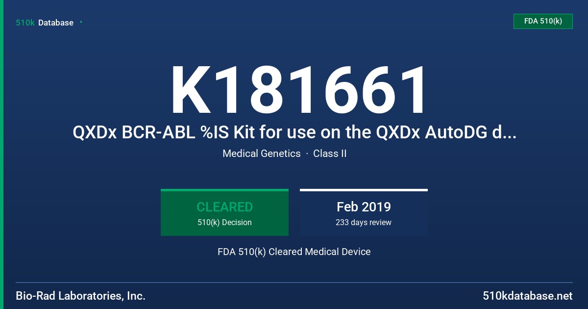 K181661 QXDx BCR-ABL %IS Kit for use on the QXDx AutoDG ddPCR System FDA 510(k) Cleared Medical Device