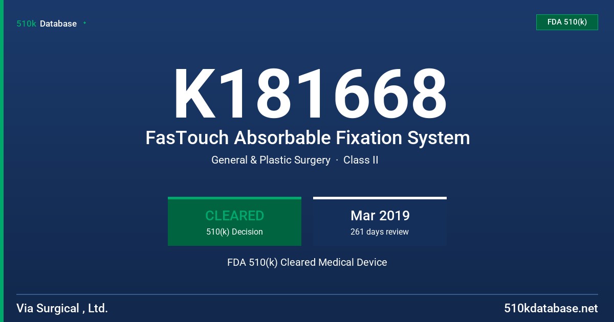 K181668 FasTouch Absorbable Fixation System FDA 510(k) Cleared Medical Device