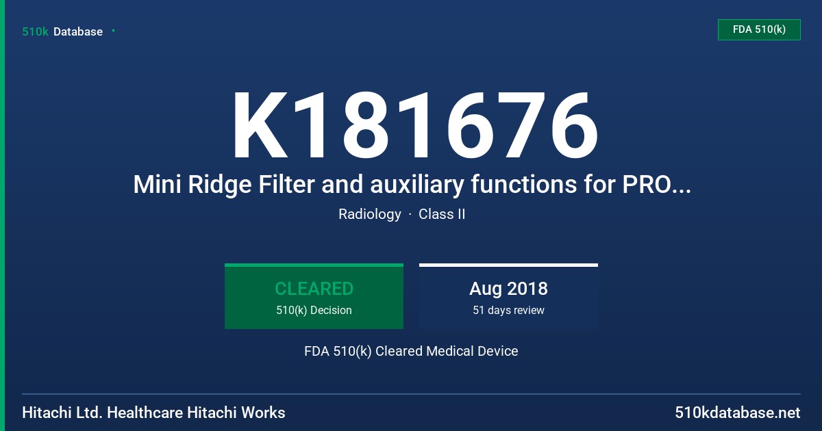 K181676 Mini Ridge Filter and auxiliary functions for PROBEAT-V FDA 510(k) Cleared Medical Device