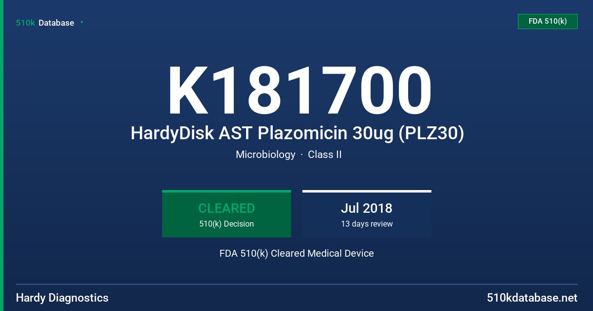 K181700 HardyDisk AST Plazomicin 30ug (PLZ30) FDA 510(k) Cleared Medical Device