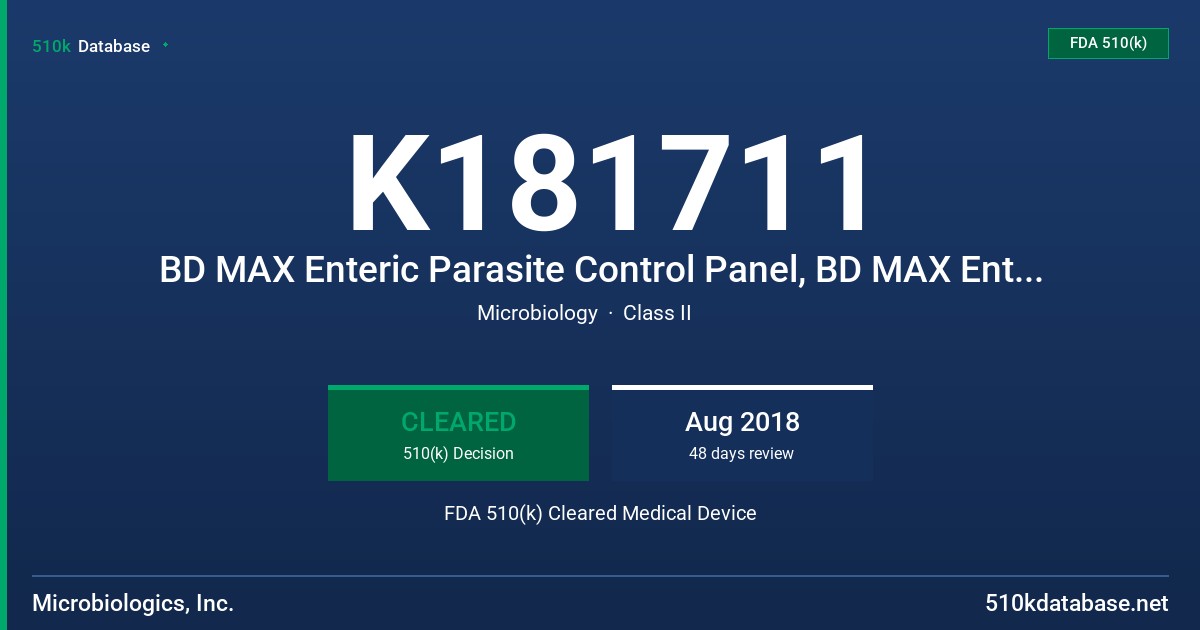 K181711 BD MAX Enteric Parasite Control Panel, BD MAX Enteric Parasite 20-Day QC Panel FDA 510(k) Cleared Medical Device