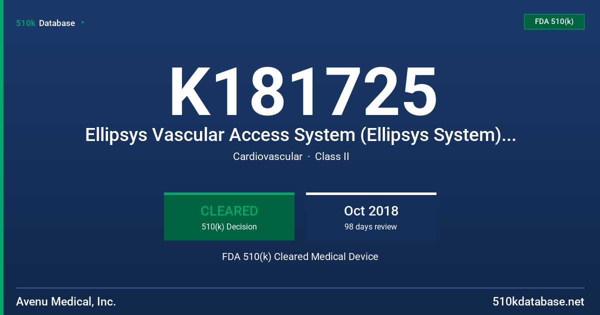K181725 Ellipsys Vascular Access System (Ellipsys System), (Power Controller Model No. AMI-1001 & Catheter & Needle Model No. AMI-6005) FDA 510(k) Cleared Medical Device