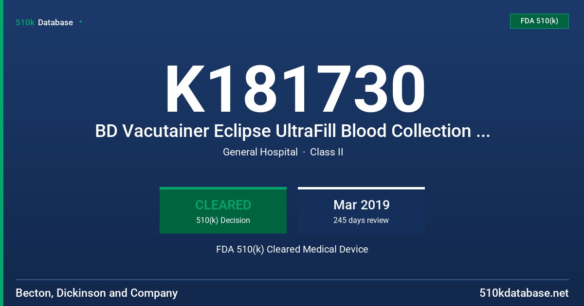 K181730 BD Vacutainer Eclipse UltraFill Blood Collection Needle FDA 510(k) Cleared Medical Device