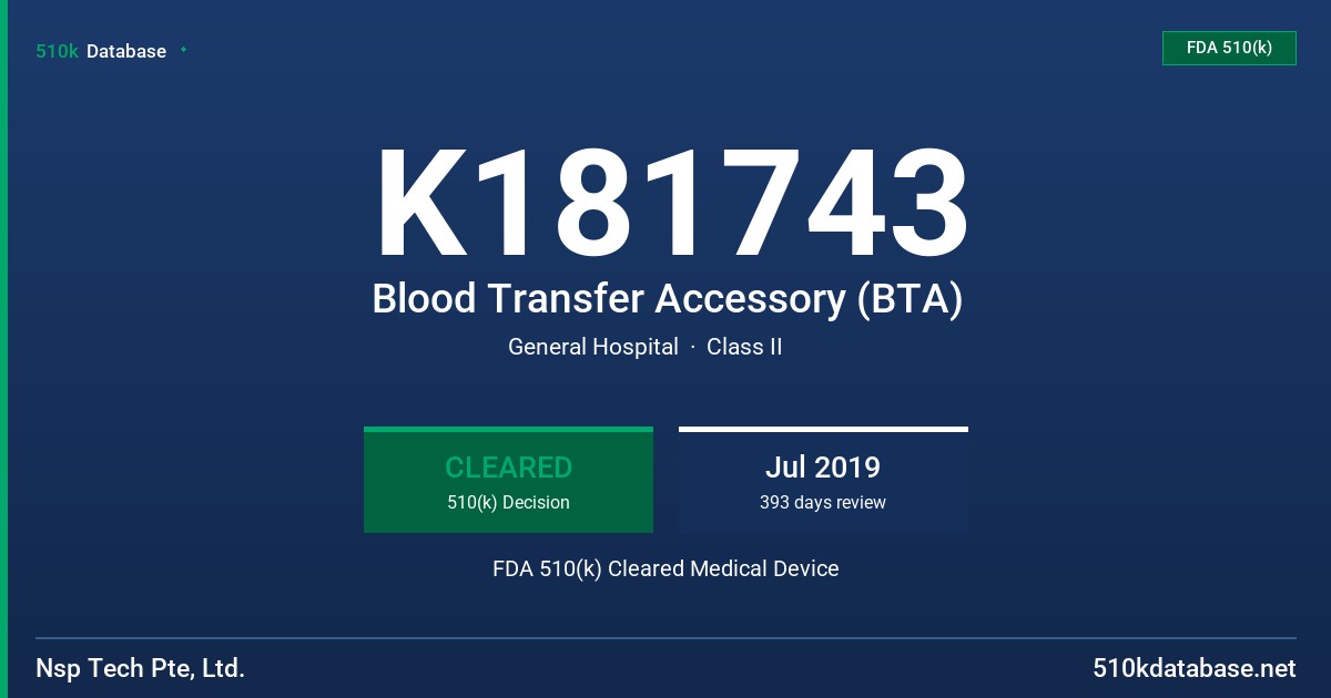 K181743 Blood Transfer Accessory (BTA) FDA 510(k) Cleared Medical Device