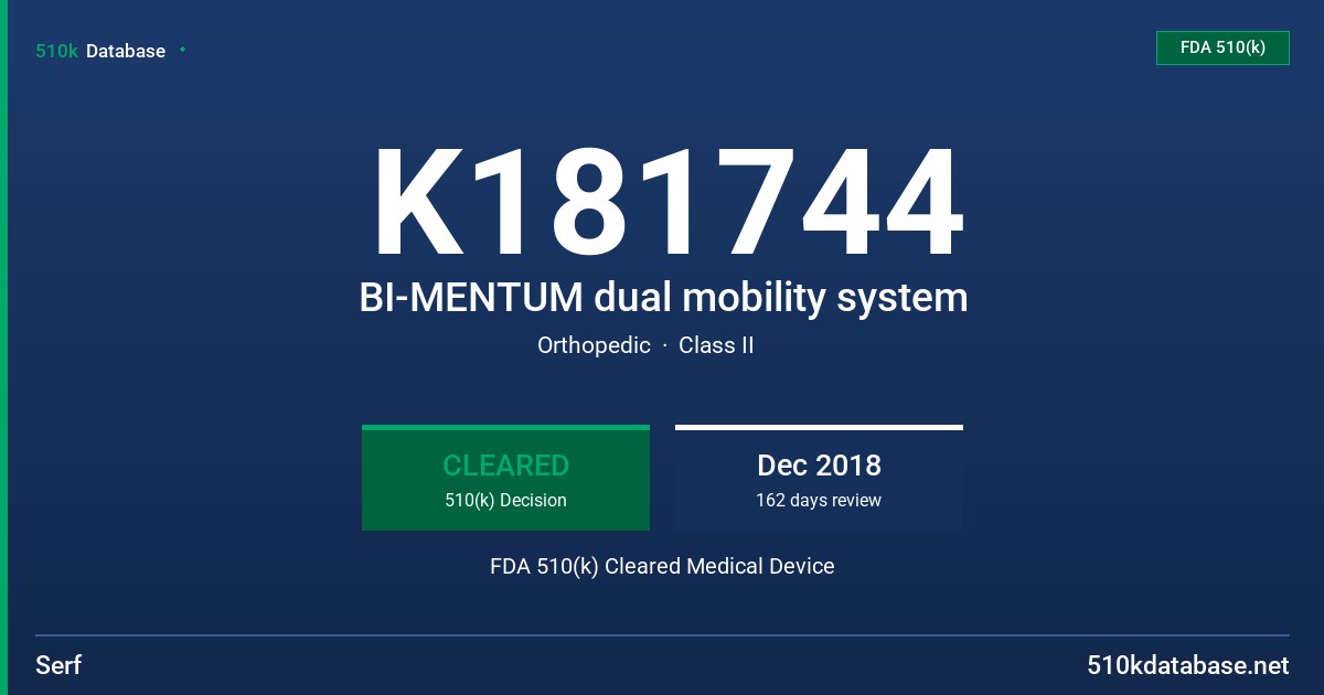 K181744 BI-MENTUM dual mobility system FDA 510(k) Cleared Medical Device