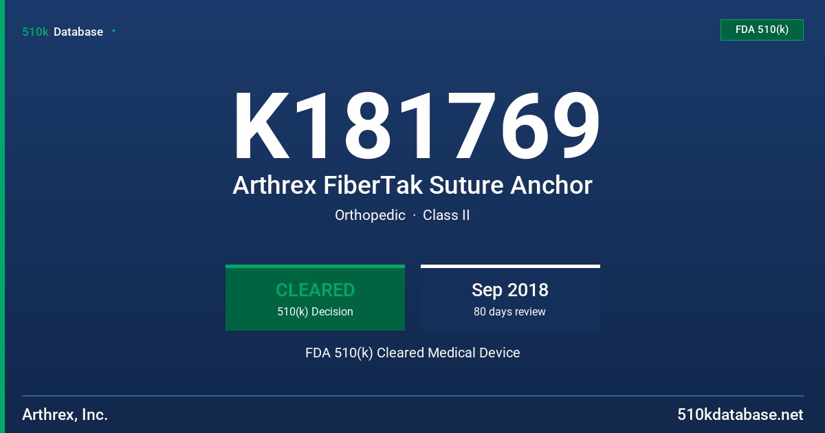 K181769 Arthrex FiberTak Suture Anchor FDA 510(k) Cleared Medical Device