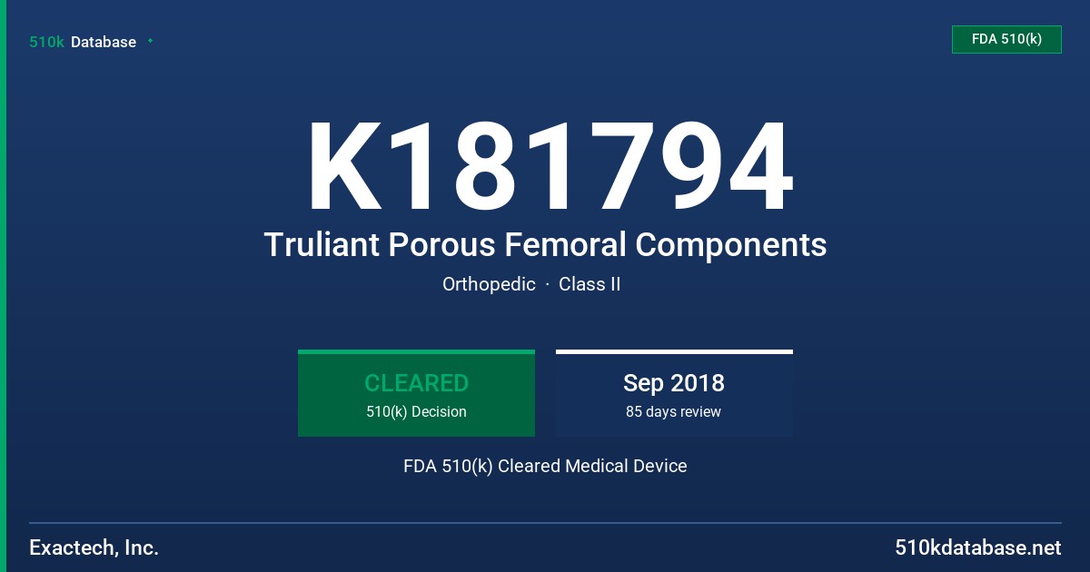 K181794 Truliant Porous Femoral Components FDA 510(k) Cleared Medical Device