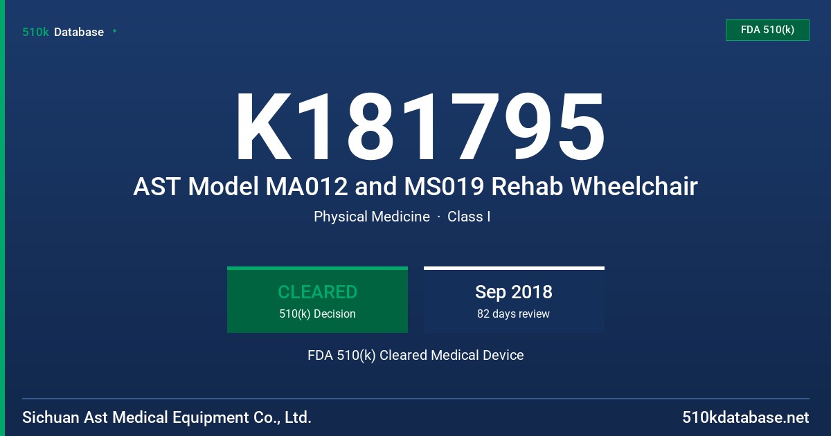 K181795 AST Model MA012 and MS019 Rehab Wheelchair FDA 510(k) Cleared Medical Device