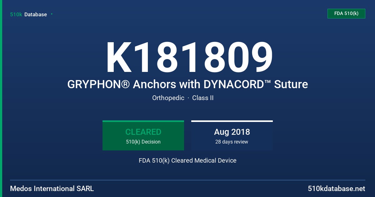 K181809 GRYPHON® Anchors with DYNACORD™ Suture FDA 510(k) Cleared Medical Device