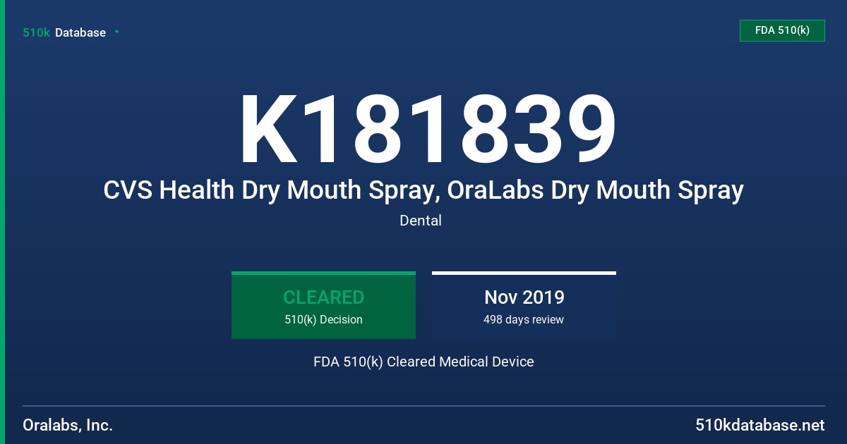 K181839 CVS Health Dry Mouth Spray, OraLabs Dry Mouth Spray FDA 510(k) Cleared Medical Device