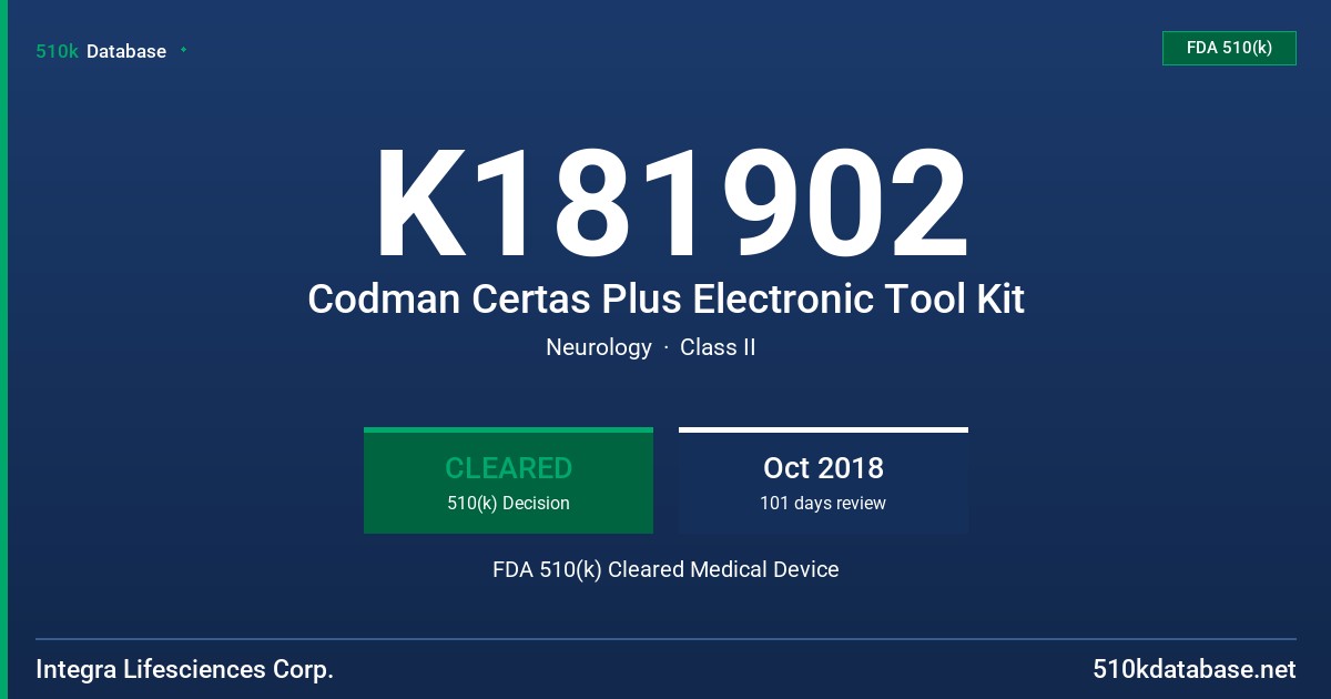K181902 Codman Certas Plus Electronic Tool Kit FDA 510(k) Cleared Medical Device