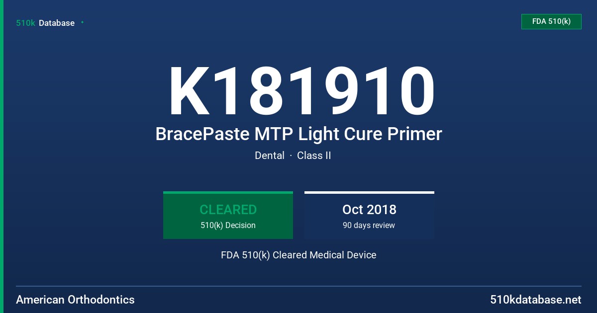 K181910 BracePaste MTP Light Cure Primer FDA 510(k) Cleared Medical Device