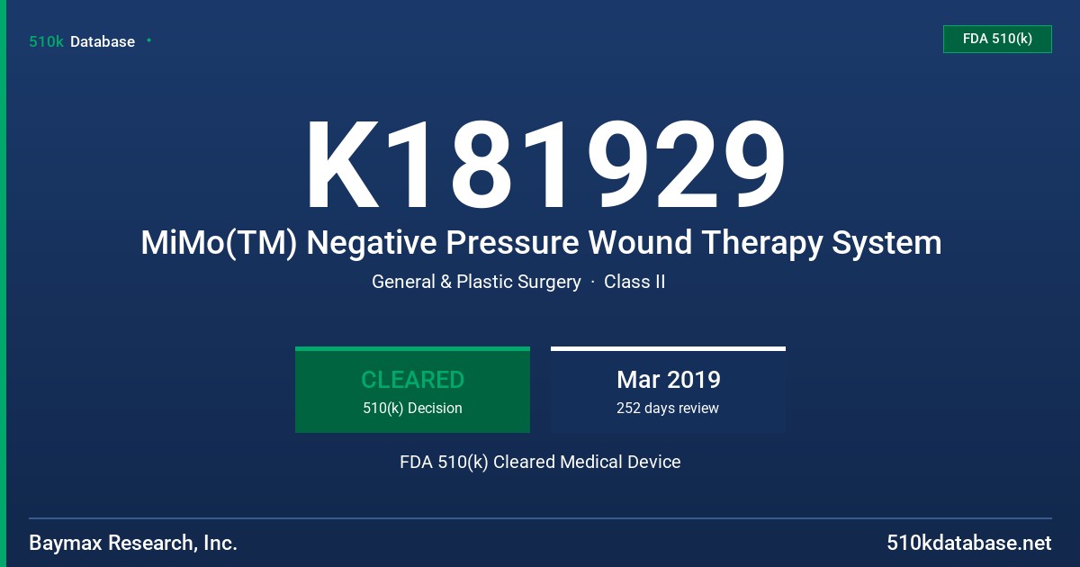 K181929 MiMo(TM) Negative Pressure Wound Therapy System FDA 510(k) Cleared Medical Device