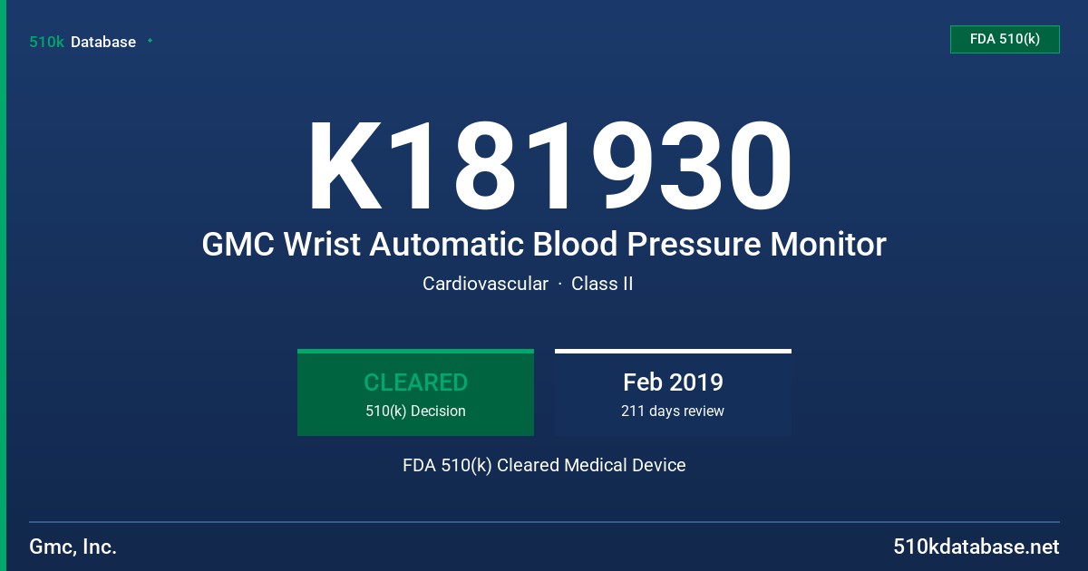 K181930 GMC Wrist Automatic Blood Pressure Monitor FDA 510(k) Cleared Medical Device
