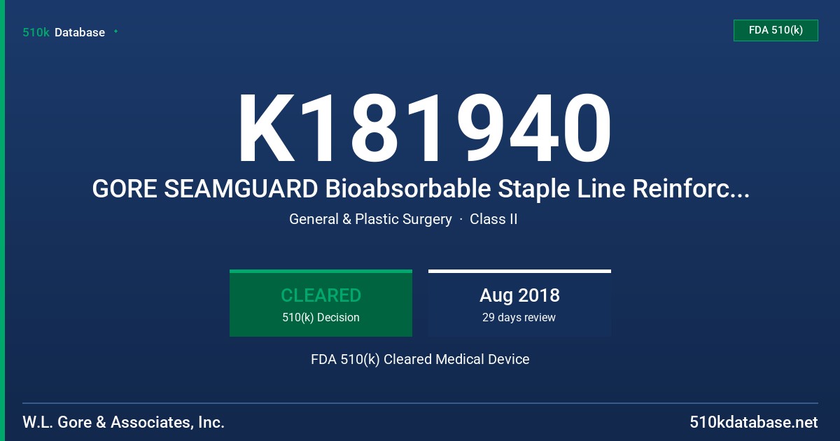 K181940 GORE SEAMGUARD Bioabsorbable Staple Line Reinforcement FDA 510(k) Cleared Medical Device