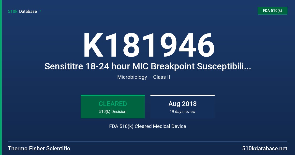 K181946 Sensititre 18-24 hour MIC Breakpoint Susceptibility System with Plazomicin in the dilution range of 0.06-128 ug/mL FDA 510(k) Cleared Medical Device