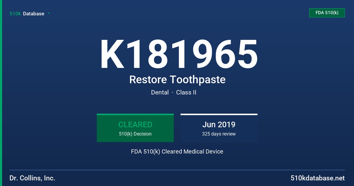 K181965 Restore Toothpaste FDA 510(k) Cleared Medical Device
