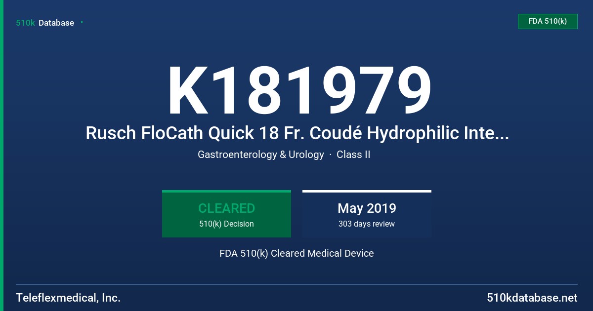 K181979 Rusch FloCath Quick 18 Fr. Coudé Hydrophilic Intermittent Catheter FDA 510(k) Cleared Medical Device