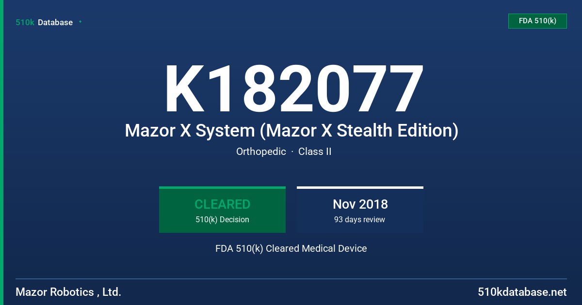 K182077 Mazor X System (Mazor X Stealth Edition) FDA 510(k) Cleared Medical Device