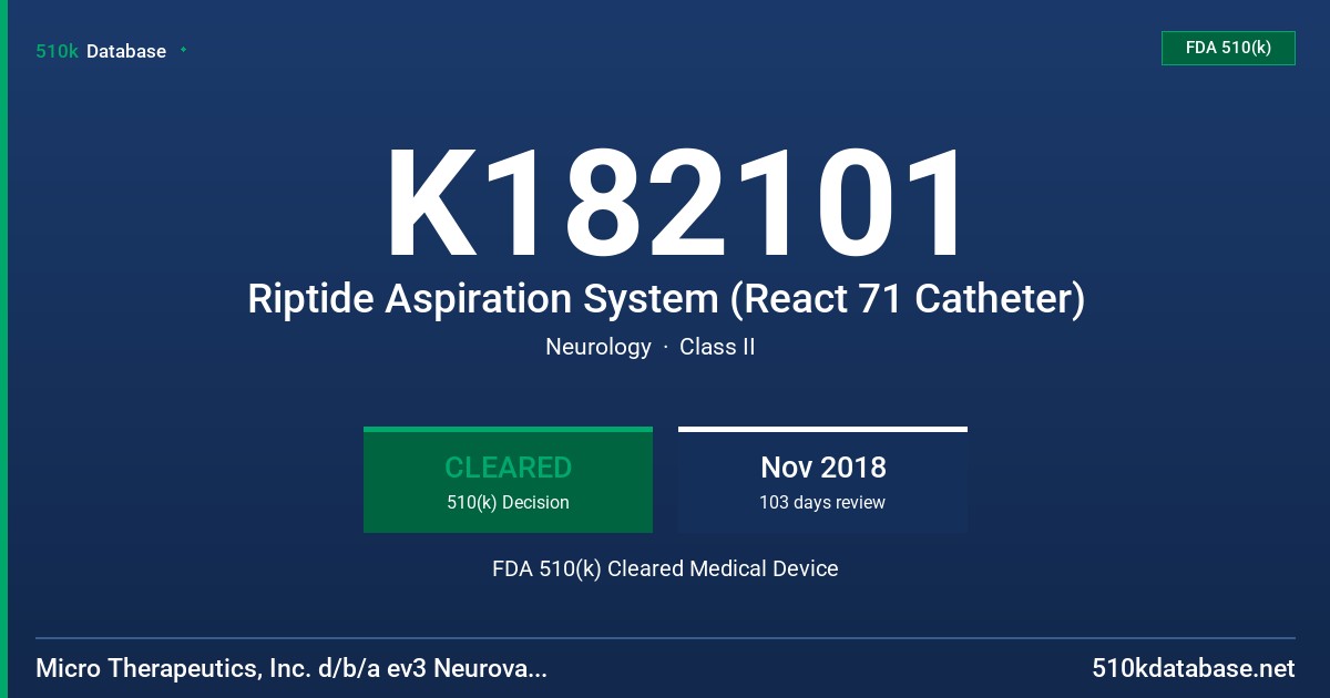 K182101 Riptide Aspiration System (React 71 Catheter) FDA 510(k) Cleared Medical Device