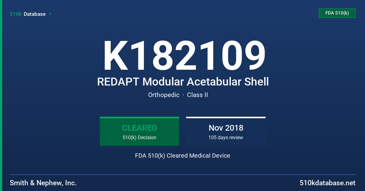 K182109 REDAPT Modular Acetabular Shell FDA 510(k) Cleared Medical Device